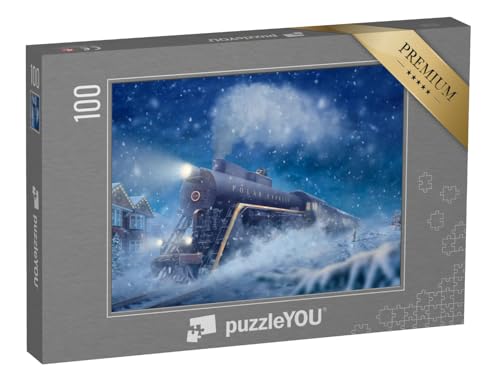 puzzleYOU: Puzzle 100 Teile „Polarexpress in Einer verschneiten Landschaft, Kleiner Junge, Mann auf dem Zug“ – aus der Puzzle-Kollektion Lokomotive von puzzleYOU