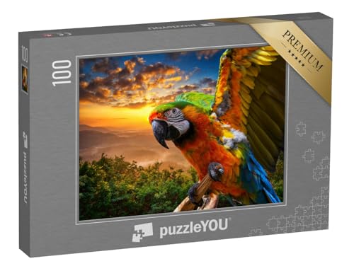 puzzleYOU: Puzzle 100 Teile „Prächtige Farben der Natur: Ara im Sonnenuntergang“ – aus der Puzzle-Kollektion Vögel, Tiere, Papagei, Tiere in Dschungel & Regenwald von puzzleYOU