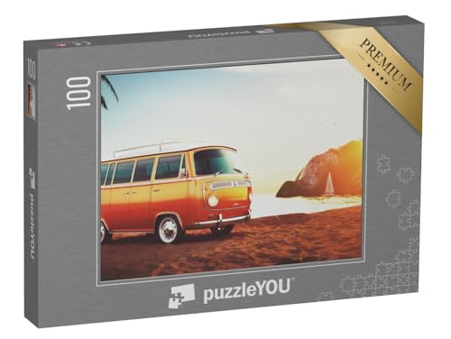 puzzleYOU: Puzzle 100 Teile „Retro-Bus am Strand im Sonnenuntergang“ – aus der Puzzle-Kollektion Autos von puzzleYOU