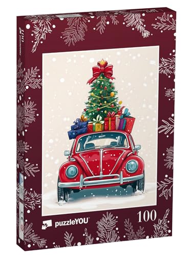 puzzleYOU: Puzzle 100 Teile „Rotes Auto, vollbeladen mit Geschenken“ – aus der Puzzle-Kollektion Weihnachten von puzzleYOU