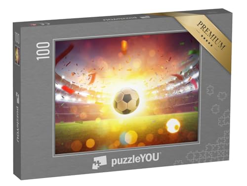 puzzleYOU: Puzzle 100 Teile „Schwimmender Fußball im Fußballstadion mit Rauch und Bokeh abstrakt“ von puzzleYOU