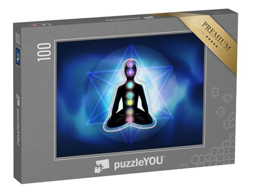 puzzleYOU: Puzzle 100 Teile „Silhouette eines Mannes im Lotussitz mit leuchtenden Chakren und Aura“ – aus der Puzzle-Kollektion Chakra, Menschen von puzzleYOU