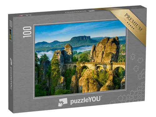 puzzleYOU: Puzzle 100 Teile „Sonnenaufgang und Nebel an der Bastei, Sächsische Schweiz, Deutschland“ – aus der Puzzle-Kollektion Sächsische Schweiz von puzzleYOU