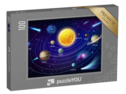 puzzleYOU: Puzzle 100 Teile „Sonnensystem-Planeten um die Sonne - Vektor-Design des Weltraums und der Astronomie“ von puzzleYOU