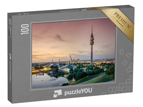 puzzleYOU: Puzzle 100 Teile „Sonnenuntergang im Olympiapark München - Munhen Sonnenuntergang Panorama“ – aus der Puzzle-Kollektion München, Deutschland, Deutsche Städte, Deutsche Großstädte von puzzleYOU