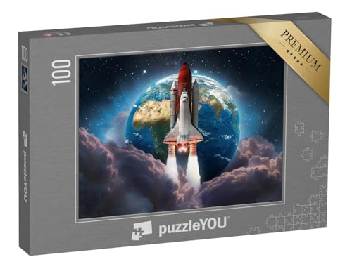 puzzleYOU: Puzzle 100 Teile „Space Shuttle startet in den Weltraum, im Hintergrund die Erde“ – aus der Puzzle-Kollektion Weltraum, Universum von puzzleYOU