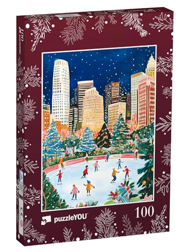 puzzleYOU: Puzzle 100 Teile „Weihnachtliche Eislaufbahn zwischen Wolkenkratzer in der Stadt“ – aus der Puzzle-Kollektion Weihnachten von puzzleYOU