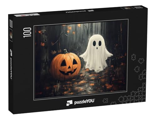 puzzleYOU: Puzzle 100 Teile „Zwei Freunde an Halloween, Kürbis und Gespenst“ von puzzleYOU