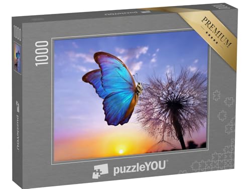 puzzleYOU: Puzzle 1000 Teile „Der Blaue Morpho Schmetterling auf Einer Pusteblume“ – aus der Puzzle-Kollektion Schmetterlinge, Insekten & Kleintiere von puzzleYOU