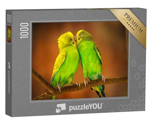 puzzleYOU: Puzzle 1000 Teile „Gelbgrüne Wellensittiche beim Putzen auf einem AST“ – aus der Puzzle-Kollektion Vögel, Wellensittiche von puzzleYOU