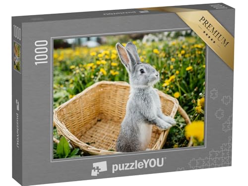 puzzleYOU: Puzzle 1000 Teile „Graues Kaninchen im Korb auf Einer Löwenzahnwiese“ – aus der Puzzle-Kollektion Hasen, Bauernhof-Tiere von puzzleYOU