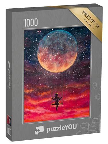 puzzleYOU: Puzzle 1000 Teile „Handgemalte Acrylmalerei: Mädchen oder Junge auf Schaukel, Mond“ – aus der Puzzle-Kollektion Fantasy von puzzleYOU