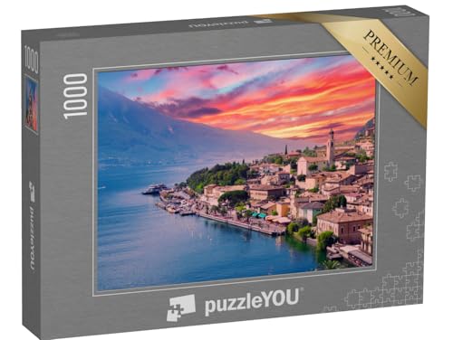 puzzleYOU: Puzzle 1000 Teile „Limone sul Garda im glühenden Sonnenuntergang, Italien“ – aus der Puzzle-Kollektion Gardasee von puzzleYOU