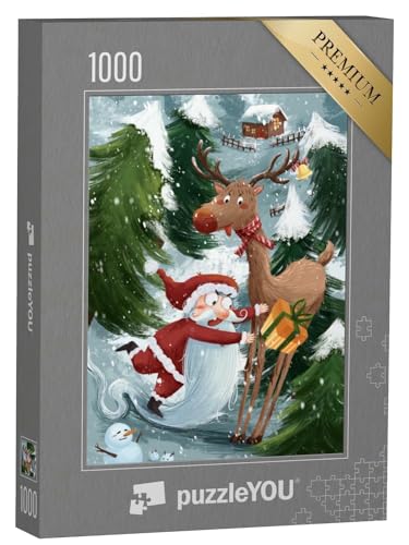 puzzleYOU: Puzzle 1000 Teile „Lustige Weihnachts-Illustration mit Weihnachtsmann, Rentier und Schneemann“ – aus der Puzzle-Kollektion Weihnachten von puzzleYOU