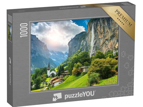 puzzleYOU: Puzzle 1000 Teile „Maerlisches Alpendorf mit dem Staubbach-Wasserfall, Lauterbrunnen, Schweiz“ – aus der Puzzle-Kollektion Schweiz von puzzleYOU