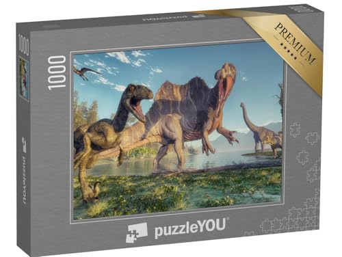 puzzleYOU: Puzzle 1000 Teile „Spinosaurus und Deinonychus, Dschungel-Szene, 3D-Illustration“ – aus der Puzzle-Kollektion Dinosaurier, Tiere aus Fantasy & Urzeit von puzzleYOU