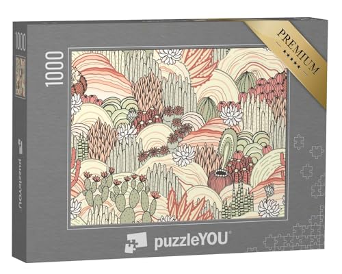 puzzleYOU: Puzzle 1000 Teile „Vektor-Grafik: Kakteen und Sukkulenten in floraler Landschaft“ von puzzleYOU