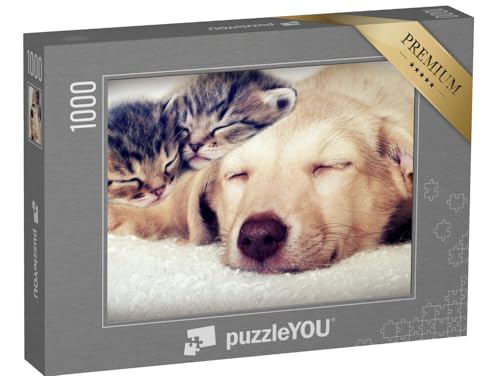 puzzleYOU: Puzzle 1000 Teile „Welpe und Kätzchen schlafen“ – aus der Puzzle-Kollektion Tiere, Katzen-Puzzles von puzzleYOU