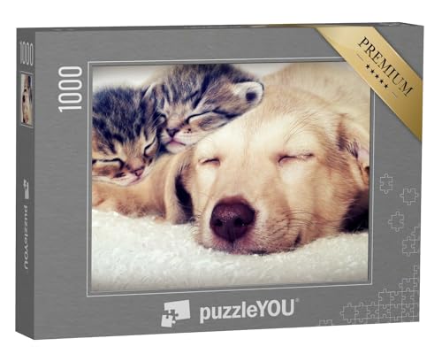 puzzleYOU: Puzzle 1000 Teile „Welpe und Kätzchen schlafen“ – aus der Puzzle-Kollektion Tiere, Katzen-Puzzles von puzzleYOU