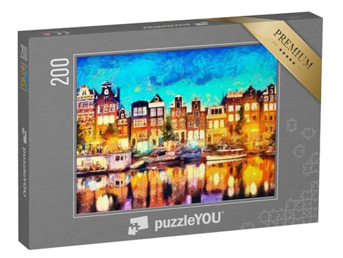 puzzleYOU: Puzzle 200 Teile „Amsterdam: Grachtenhäuser, Ölgemälde“ – aus der Puzzle-Kollektion Kunst & Fantasy von puzzleYOU