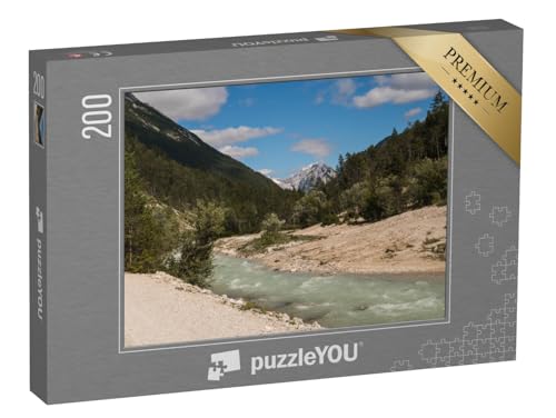 puzzleYOU: Puzzle 200 Teile „Blick auf die Isar in der Nähe des Dorfes Scharnitz, österreichische Alpen“ – aus der Puzzle-Kollektion Karwendel von puzzleYOU