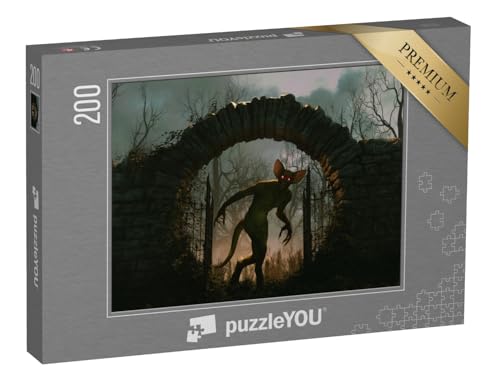 puzzleYOU: Puzzle 200 Teile „Digitale Illustration: Gruseliges Monster Schleicht durch EIN Dunkles Steintor“ – aus der Puzzle-Kollektion Fabel von puzzleYOU