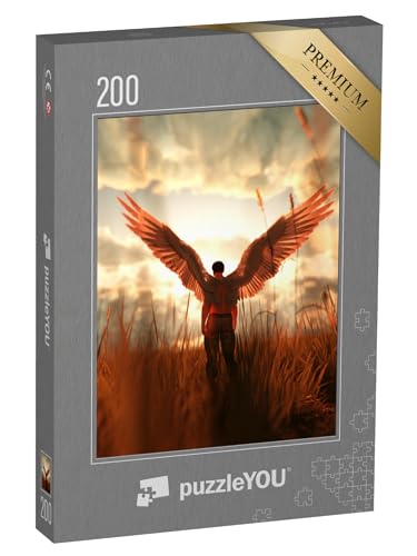 puzzleYOU: Puzzle 200 Teile „Engel im Grasfeld, 3D-Illustration“ – aus der Puzzle-Kollektion Engel von puzzleYOU