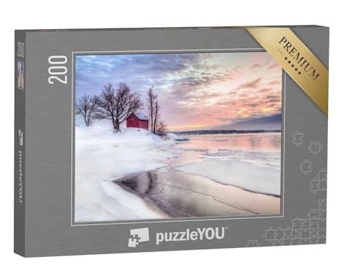 puzzleYOU: Puzzle 200 Teile „Hütte in den winterlichen Schären von Stockholm, Schweden“ – aus der Puzzle-Kollektion Natur, Jahreszeiten, Himmel & Jahreszeiten von puzzleYOU