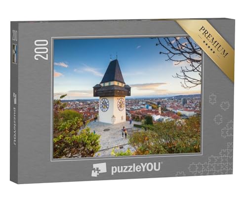 puzzleYOU: Puzzle 200 Teile „Klassisches Panorama: Graz mit Uhrenturm bei Sonnenuntergang, Steiermark“ – aus der Puzzle-Kollektion Graz von puzzleYOU