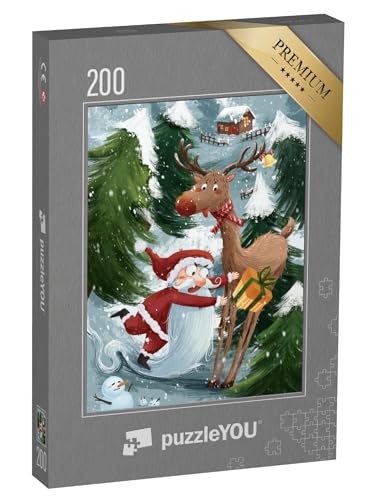 puzzleYOU: Puzzle 200 Teile „Lustige Weihnachts-Illustration mit Weihnachtsmann, Rentier und Schneemann“ – aus der Puzzle-Kollektion Weihnachten von puzzleYOU