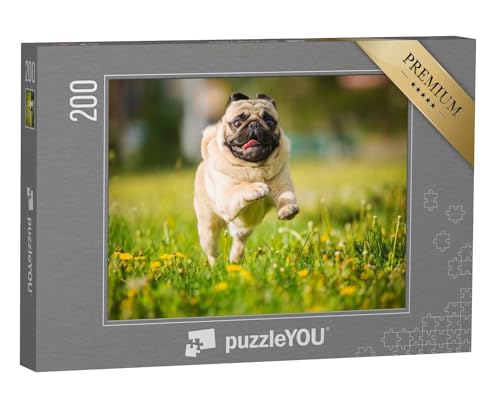 puzzleYOU: Puzzle 200 Teile „Mops in vollem Lauf über eine Löwenzahn-Wiese“ – aus der Puzzle-Kollektion Mops von puzzleYOU