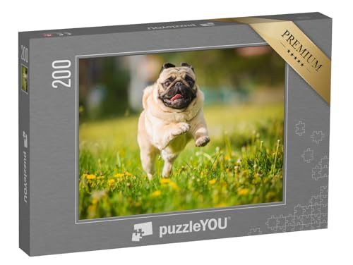 puzzleYOU: Puzzle 200 Teile „Mops in vollem Lauf über eine Löwenzahn-Wiese“ – aus der Puzzle-Kollektion Mops von puzzleYOU