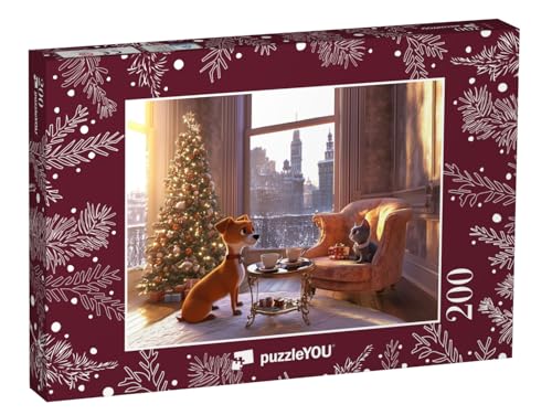 puzzleYOU: Puzzle 200 Teile „New York: Hund und Katze genießen Weihnachtsmorgen“ – aus der Puzzle-Kollektion Weihnachten von puzzleYOU