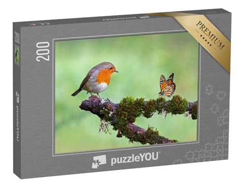 puzzleYOU: Puzzle 200 Teile „Rotkehlchen und Schmetterling“ – aus der Puzzle-Kollektion Vögel, Rotkehlchen von puzzleYOU