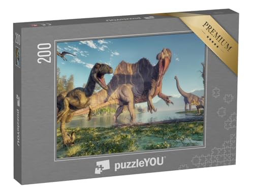 puzzleYOU: Puzzle 200 Teile „Spinosaurus und Deinonychus, Dschungel-Szene, 3D-Illustration“ – aus der Puzzle-Kollektion Dinosaurier, Tiere aus Fantasy & Urzeit von puzzleYOU