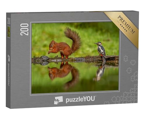 puzzleYOU: Puzzle 200 Teile „Teich: Rotes Eichhörnchen und EIN Buntspecht“ – aus der Puzzle-Kollektion Spechte, Eichhörnchen, Tiere in Wald & Gebirge von puzzleYOU