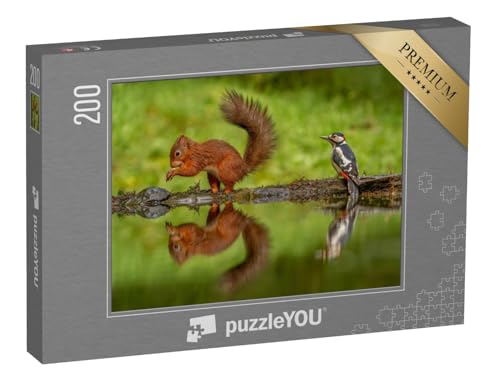 puzzleYOU: Puzzle 200 Teile „Teich: Rotes Eichhörnchen und EIN Buntspecht“ – aus der Puzzle-Kollektion Spechte, Eichhörnchen, Tiere in Wald & Gebirge von puzzleYOU