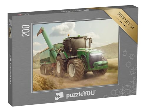 puzzleYOU: Puzzle 200 Teile „Traktor mit Anhänger auf einem Feldweg neben einem Getreidefeld“ – aus der Puzzle-Kollektion Traktoren von puzzleYOU