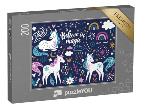 puzzleYOU: Puzzle 200 Teile „Vektor-Set: Einhörner, Regenbogen, Wolken, Blumen, Sterne und Funken“ – aus der Puzzle-Kollektion Einhorn, Einhörner, Tiere aus Fantasy & Urzeit von puzzleYOU