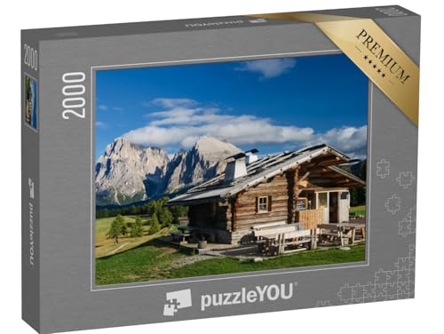 puzzleYOU: Puzzle 2000 Teile „Hütte auf der Seiser ALM mit Plattkofel und Langkofel, Südtirol“ – aus der Puzzle-Kollektion Berge & Täler von puzzleYOU