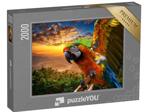 puzzleYOU: Puzzle 2000 Teile „Prächtige Farben der Natur: Ara im Sonnenuntergang“ – aus der Puzzle-Kollektion Vögel, Tiere, Papagei, Tiere in Dschungel & Regenwald von puzzleYOU