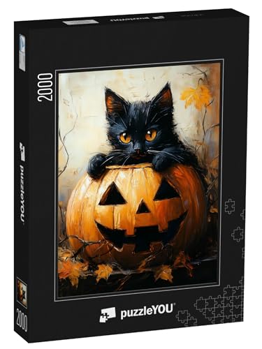 puzzleYOU: Puzzle 2000 Teile „Schwarze Katze im Kürbis Halloween“ von puzzleYOU