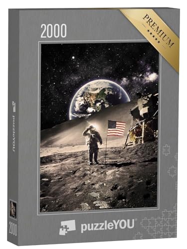 puzzleYOU: Puzzle 2000 Teile „Vintage -Astronaut mit Flagge auf dem Mond, NASA-Bildmaterial“ – aus der Puzzle-Kollektion Mond von puzzleYOU