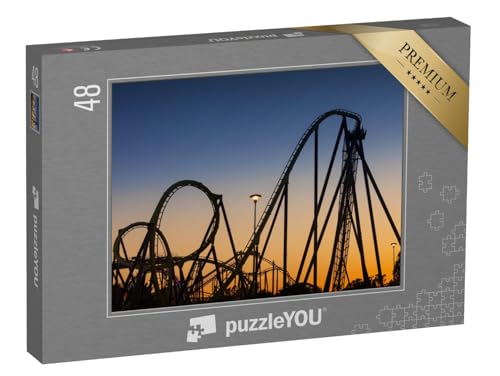 puzzleYOU: Puzzle 48 Teile „Achterbahn-Silhouette bei Sonnenuntergang“ – aus der Puzzle-Kollektion Architektur von puzzleYOU