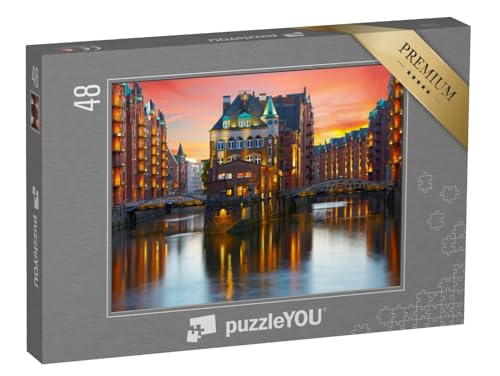 puzzleYOU: Puzzle 48 Teile „Alte Speicherstadt in Hamburg bei Nacht“ – aus der Puzzle-Kollektion Speicherstadt Hamburg von puzzleYOU