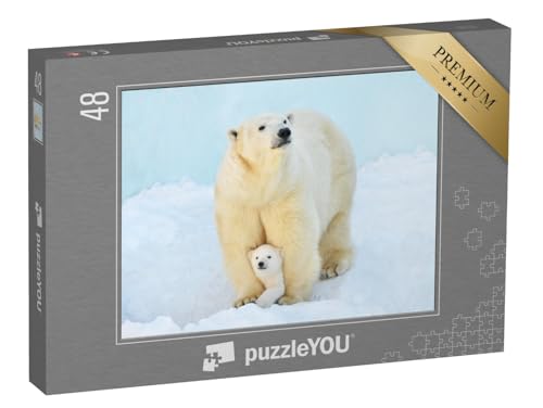 puzzleYOU: Puzzle 48 Teile „EIN Eisbär mit einem kleinen Bärenjungen im Schnee“ – aus der Puzzle-Kollektion Eisbären, Exotische Tiere & Trend-Tiere von puzzleYOU