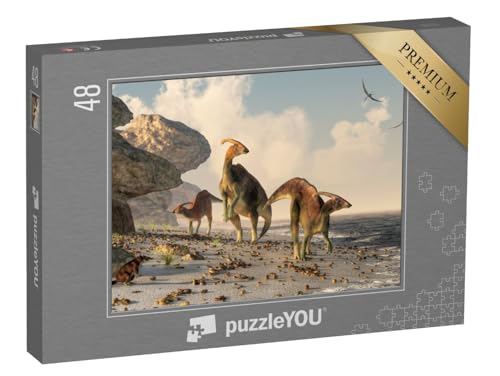 puzzleYOU: Puzzle 48 Teile „Eine 3D-Illustration: DREI Parasaurolophus“ – aus der Puzzle-Kollektion Dinosaurier von puzzleYOU