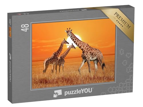 puzzleYOU: Puzzle 48 Teile „Giraffe mit ihren Zwei Jungtieren, Serengeti-Nationalpark, Tansania“ – aus der Puzzle-Kollektion Safari von puzzleYOU