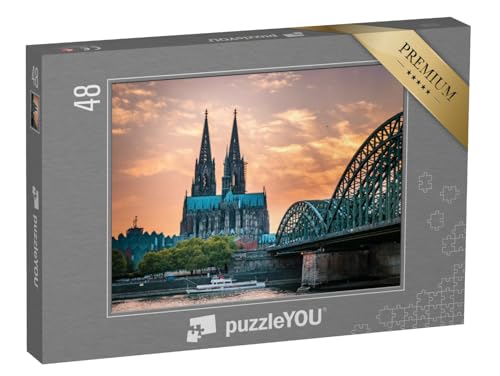 puzzleYOU: Puzzle 48 Teile „Kölner Dom und Hohenzollernbrücke in Köln am Abend“ – aus der Puzzle-Kollektion Städte, Kölner Dom von puzzleYOU