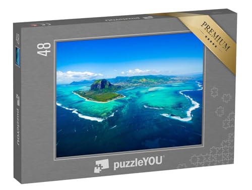 puzzleYOU: Puzzle 48 Teile „Mauritius mit dem Mount Le Morne Brabant und Unterwasser-Wasserfall“ – aus der Puzzle-Kollektion Natur, Inseln, Insel & Meer, Indischer Ozean von puzzleYOU